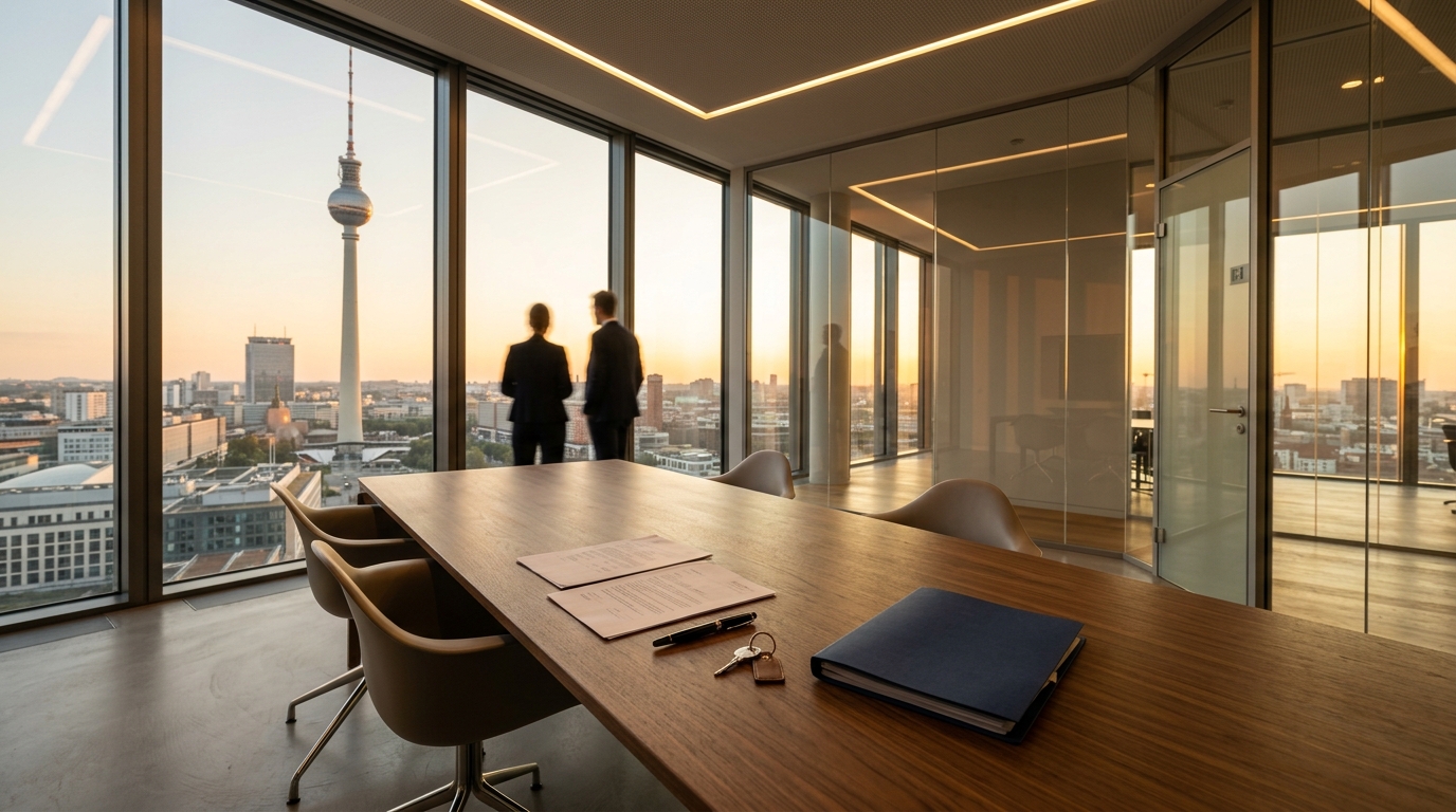 Transaktionsbegleitung Berlin: Weitwinkel-Konferenzraum mit Blick auf den Fernsehturm, Unterlagen und Schlüssel auf dem Tisch.
