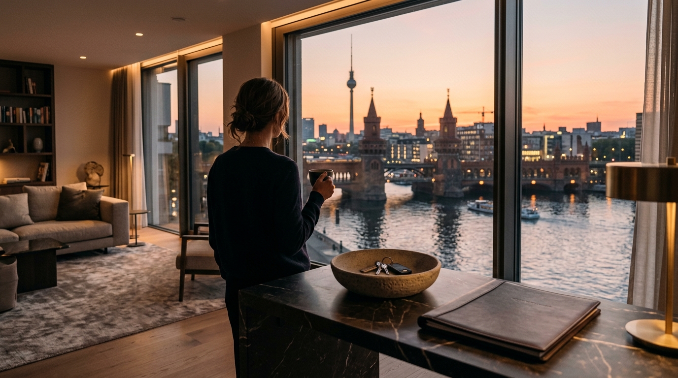 Berliner Penthouse bei Sonnenuntergang: Person von hinten am Fenster, Schlüssel und Vertragsmappe im Vordergrund.