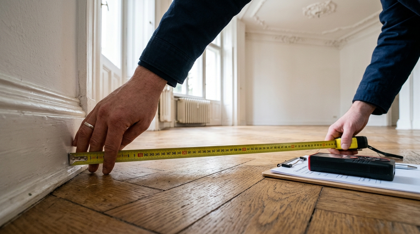 Detailaufnahme: Maßband über Fischgrätparkett, Messvorgang im Altbau – Wertermittlung und Immobiliengutachter Berlin.