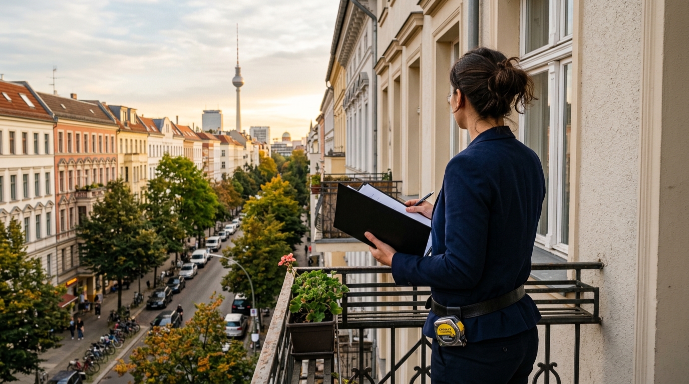 Weitwinkel von Berliner Altbau-Balkon mit Blick auf den Fernsehturm, Gutachter von hinten – Immobilienbewertung Berlin.