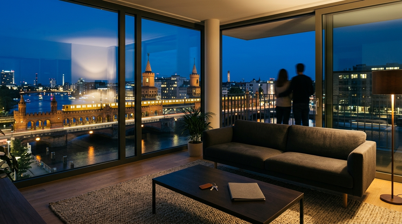 Modernes Penthouse mit Blick auf Spree und Oberbaumbrücke, Bewohner als Silhouetten – hochwertiger Lebensstil nach Wertermittlung in Berlin.