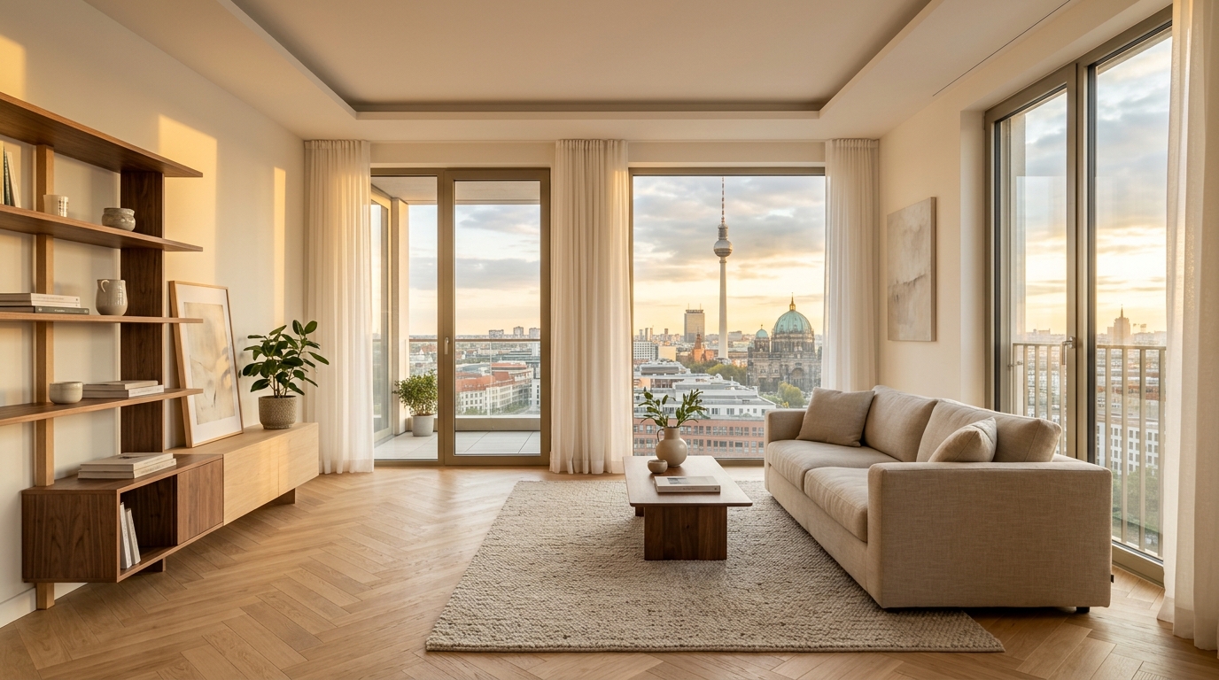 Weitwinkelaufnahme eines modernen Berliner Wohnzimmers mit bodentiefen Fenstern und Blick auf den Fernsehturm und den Berliner Dom – Wohnung mieten Berlin.