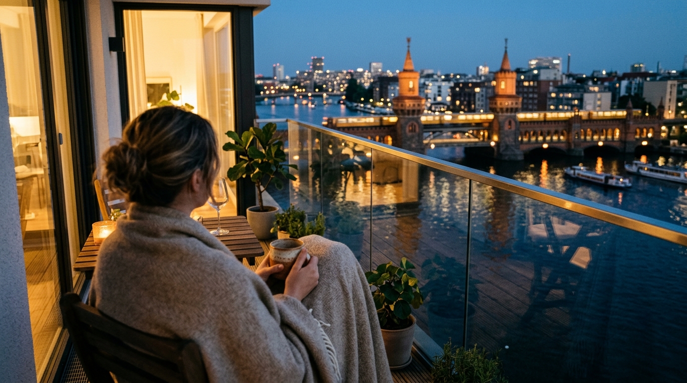 Lifestyle-Szene: Person von hinten auf Balkon mit Blick auf die beleuchtete Oberbaumbrücke an der Spree bei Dämmerung – Mietwohnung Berlin.