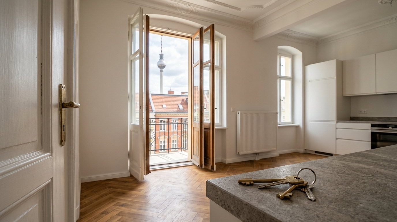 Helles Altbau-Interior mit Stuckdecke, Fischgrätparkett und geöffneten Balkontüren mit Blick auf den Fernsehturm; Wohnungsschlüssel im Vordergrund.