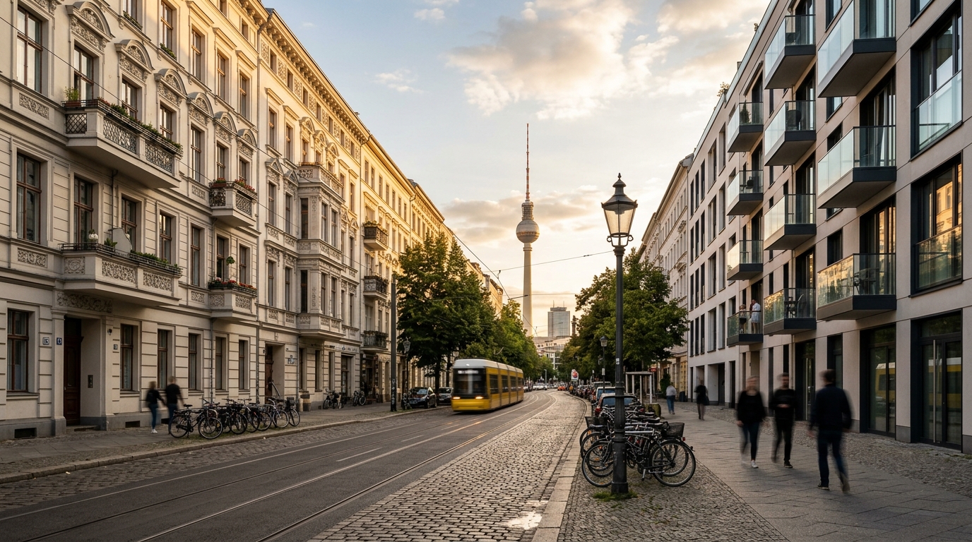 Weitwinkel-Aufnahme eines Berliner Wohnviertels mit Altbau und Neubau, Tramgleisen und Fernsehturm im Hintergrund bei goldenem Licht.