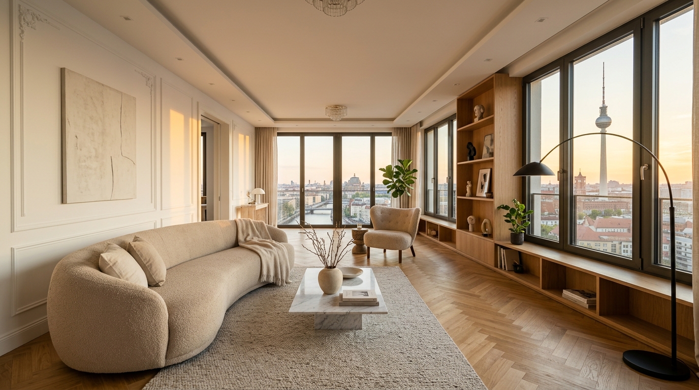Modernes Wohnzimmer einer Mietwohnung in Berlin mit Blick auf den Fernsehturm – Wohnung mieten Berlin.