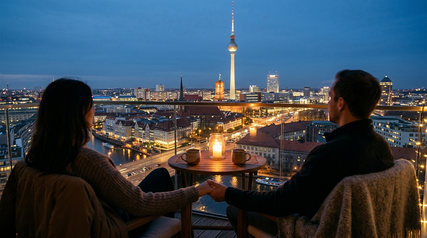Stimmungsvolle Balkonszene in Berlin zur Blauen Stunde mit Blick auf den Fernsehturm, zwei Tassen und Laternen; Personen nur als Silhouetten.