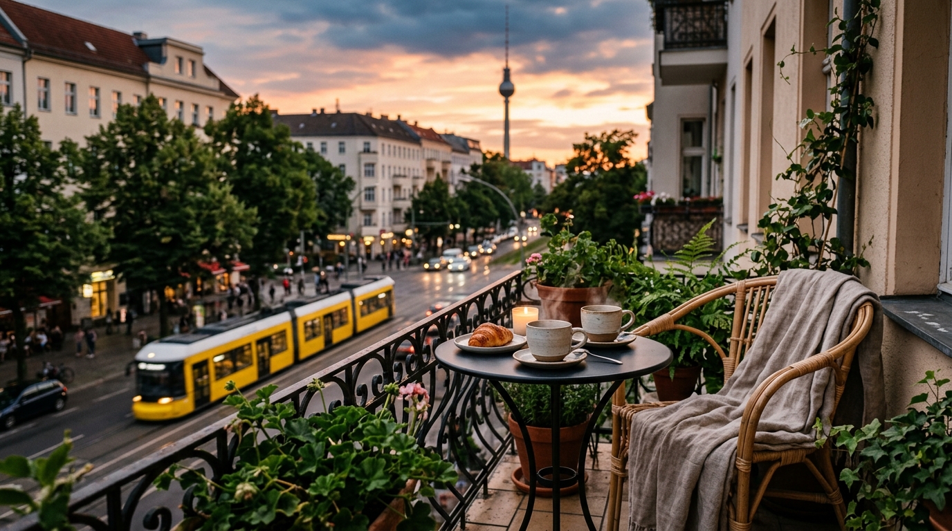 Stimmungsvoller Balkon einer Berliner Mietwohnung bei Sonnenuntergang mit Blick auf Tram und Fernsehturm – Wohnen in Berlin.