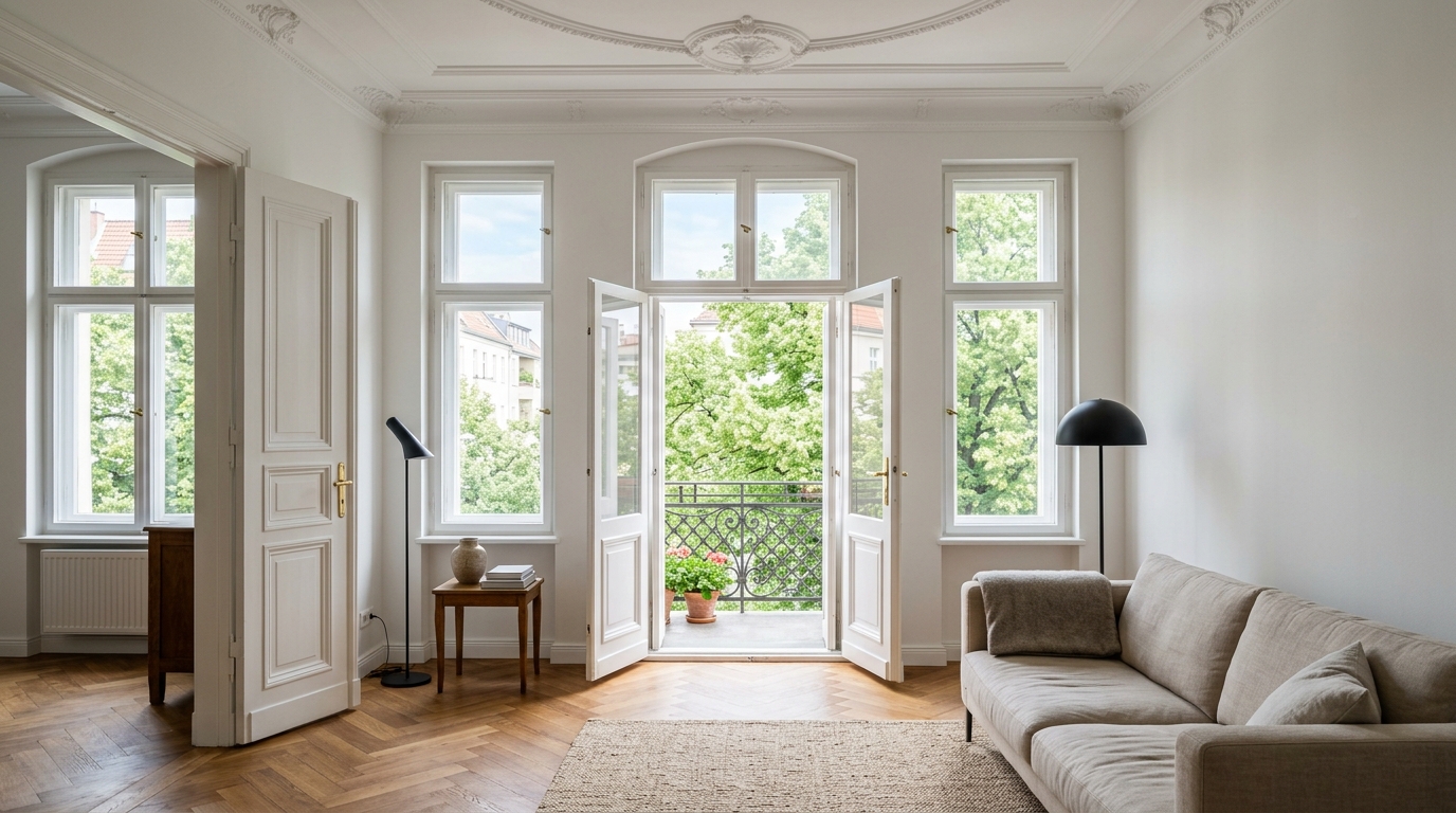 Altbau-Wohnzimmer in Charlottenburg mit Stuckdecke, Fischgrätparkett und Doppelflügeltüren zum Balkon.