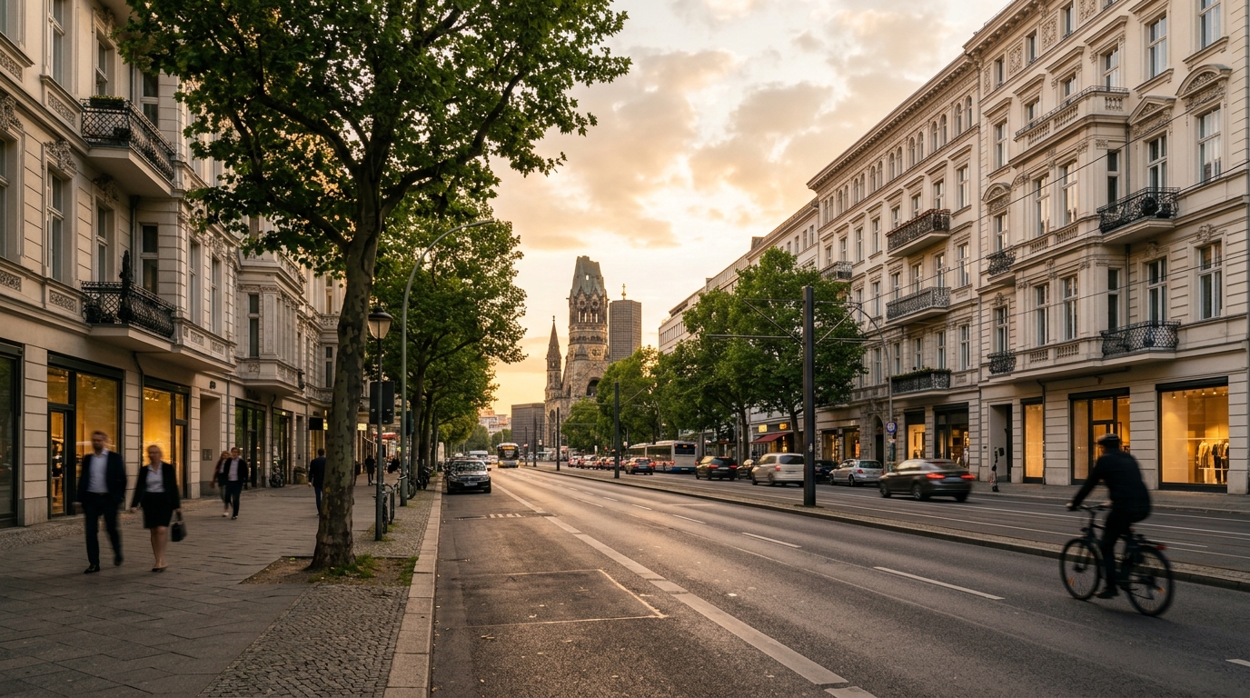 Breiter Blick auf den Kurfürstendamm in Charlottenburg mit Gründerzeitfassaden und Gedächtniskirche bei Abendlicht – Wohnung mieten in Charlottenburg.