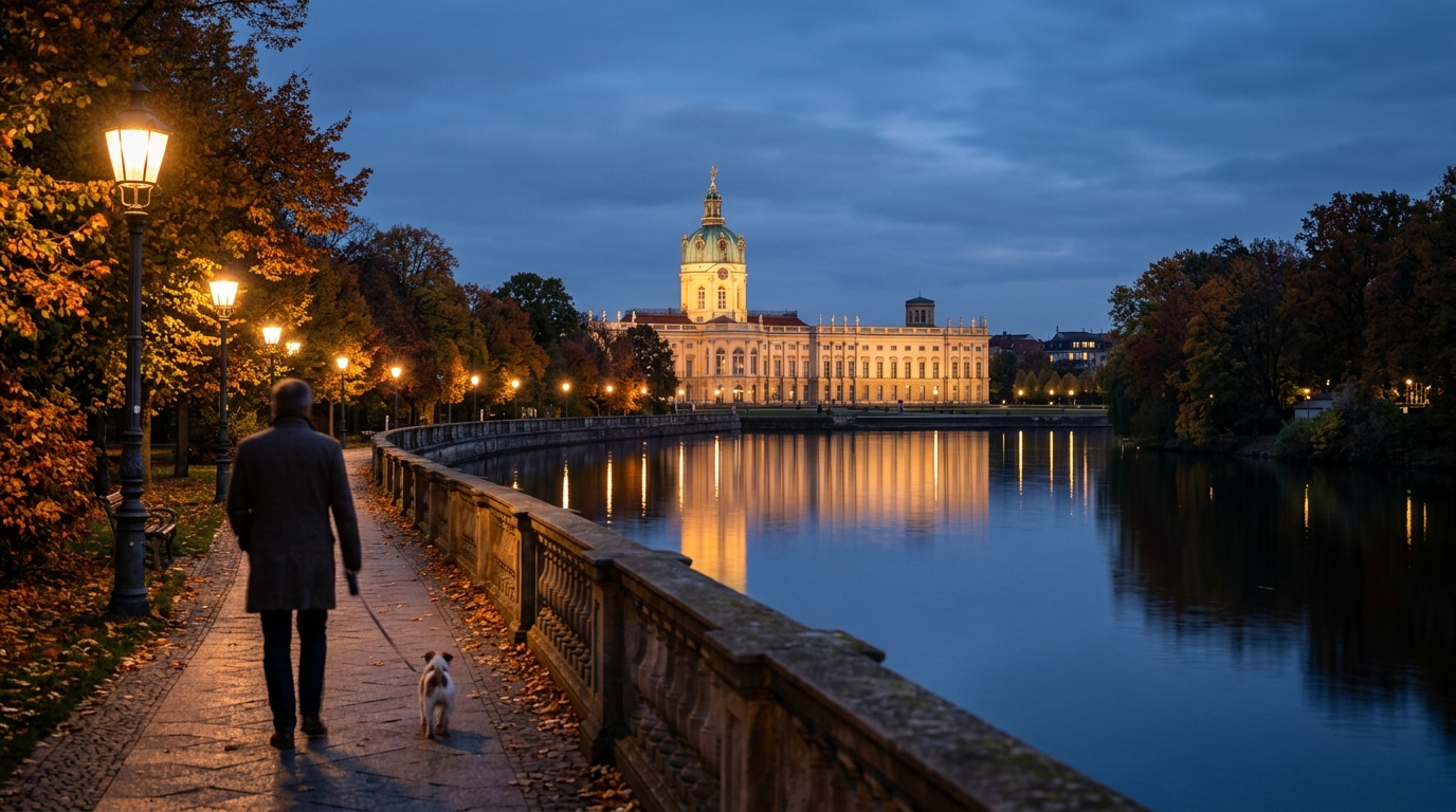 Abendliche Spree-Promenade vor Schloss Charlottenburg mit Spiegelungen und Spaziergänger von hinten.