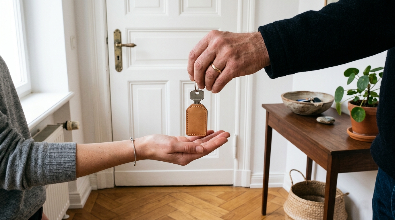 Schlüsselübergabe im Eingangsbereich einer möblierten Wohnung in Berlin, Nahaufnahme ohne Gesichter.