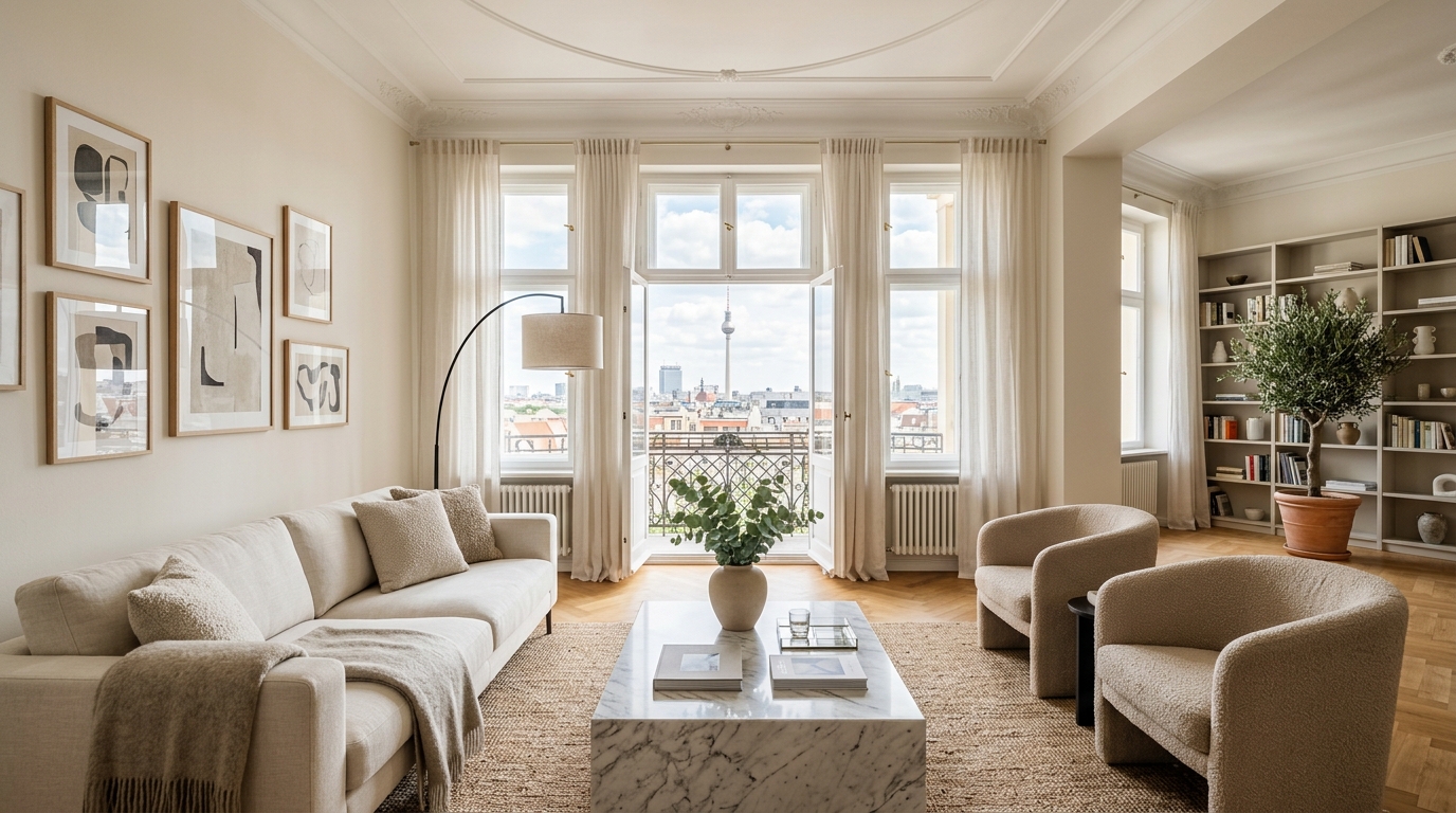 Helles Wohnzimmer einer möblierten Wohnung in Berlin mit Blick auf den Fernsehturm, hochwertig eingerichtet.