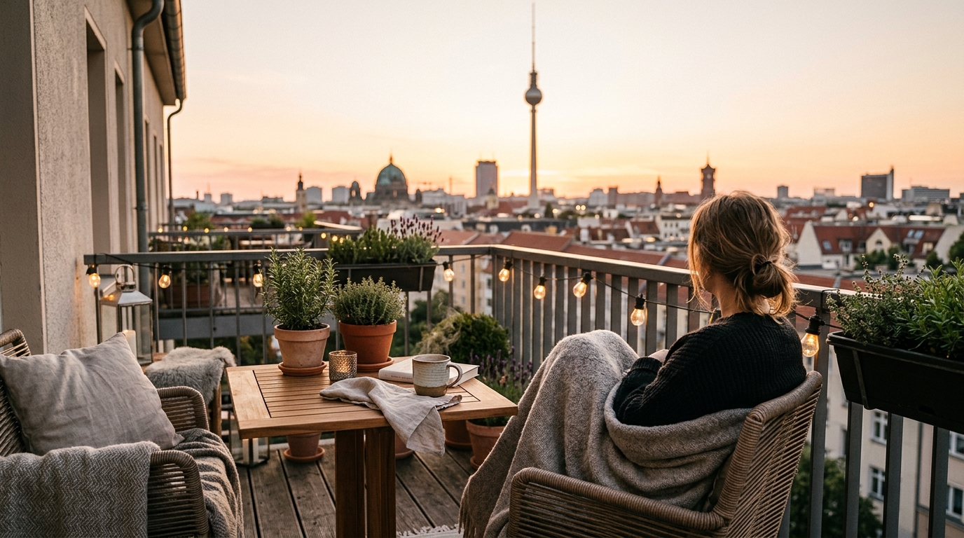 Abendstimmung auf möblierter Berliner Balkonterrasse mit Blick auf den Fernsehturm, Person von hinten.