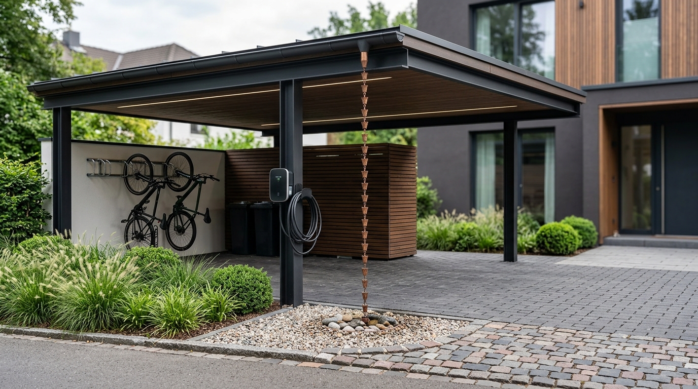 Detailaufnahme: Carport mit E‑Ladestation und gepflasterter Einfahrt an Einfamilienhaus in Berlin, gepflegter Garten.