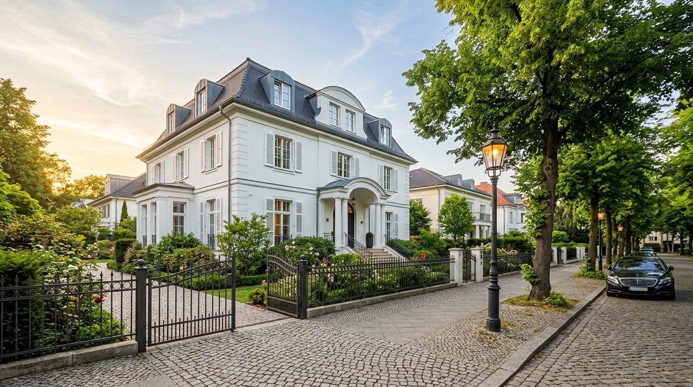Breite Außenansicht einer eleganten Villa zur Miete in Berlin‑Zehlendorf mit Vorgarten bei goldenem Licht
