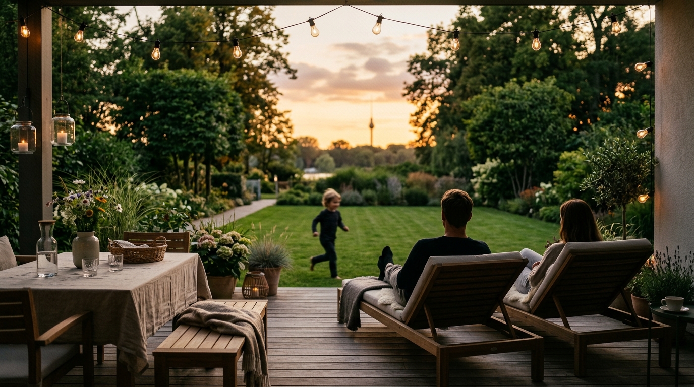 Lifestyle: Terrasse eines Berliner Miethauses bei Sonnenuntergang, Paar von hinten, Blick in den Garten, Fernsehturm in der Ferne.