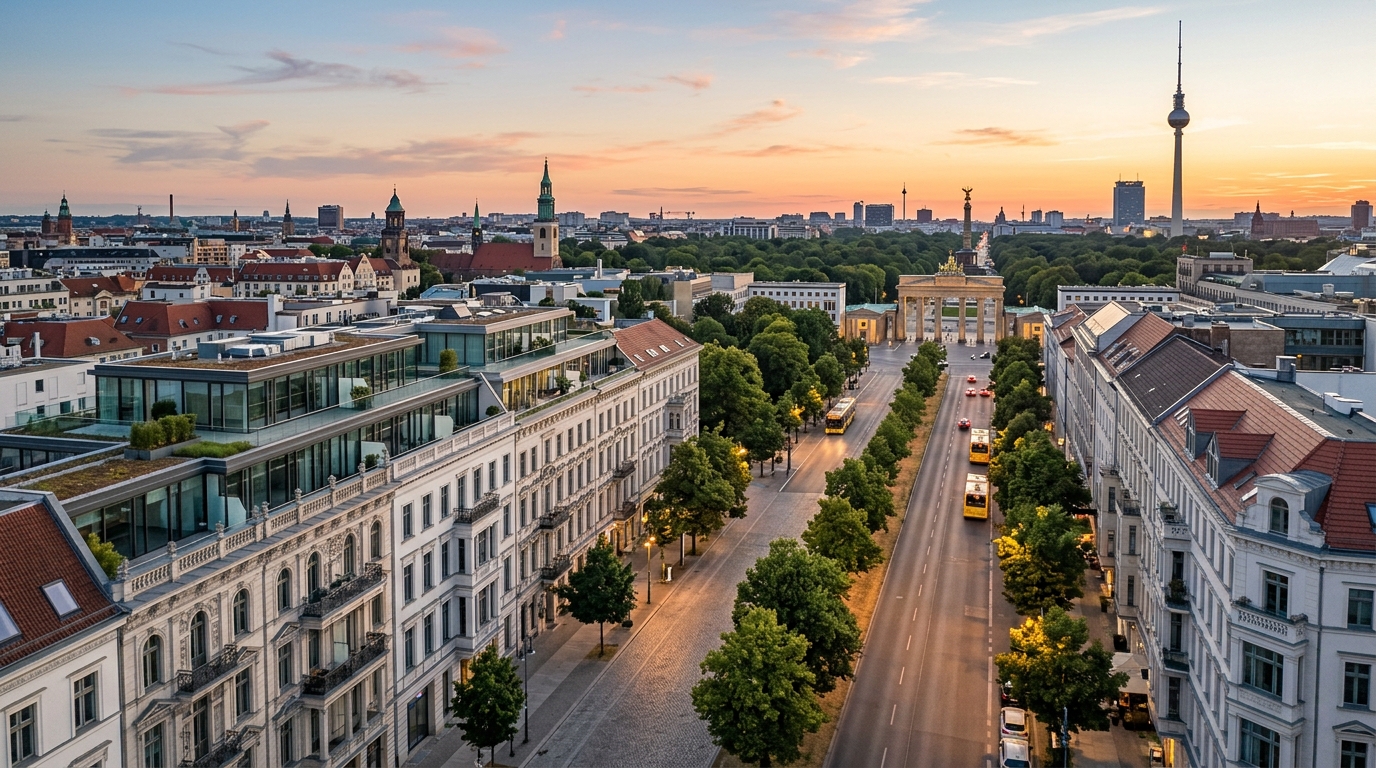 Weitwinkel-Ansicht von Wohnhäusern in Berlin-Mitte mit Altbaufassaden, Penthouse-Terrassen und Fernsehturm im Hintergrund im goldenen Abendlicht.