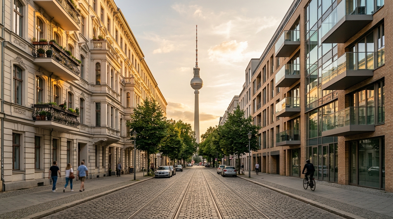 Weitwinkel-Straßenszene in Berlin-Mitte mit sanierten Altbau-Fassaden, modernem Neubau und dem Fernsehturm im Hintergrund bei goldenem Abendlicht.