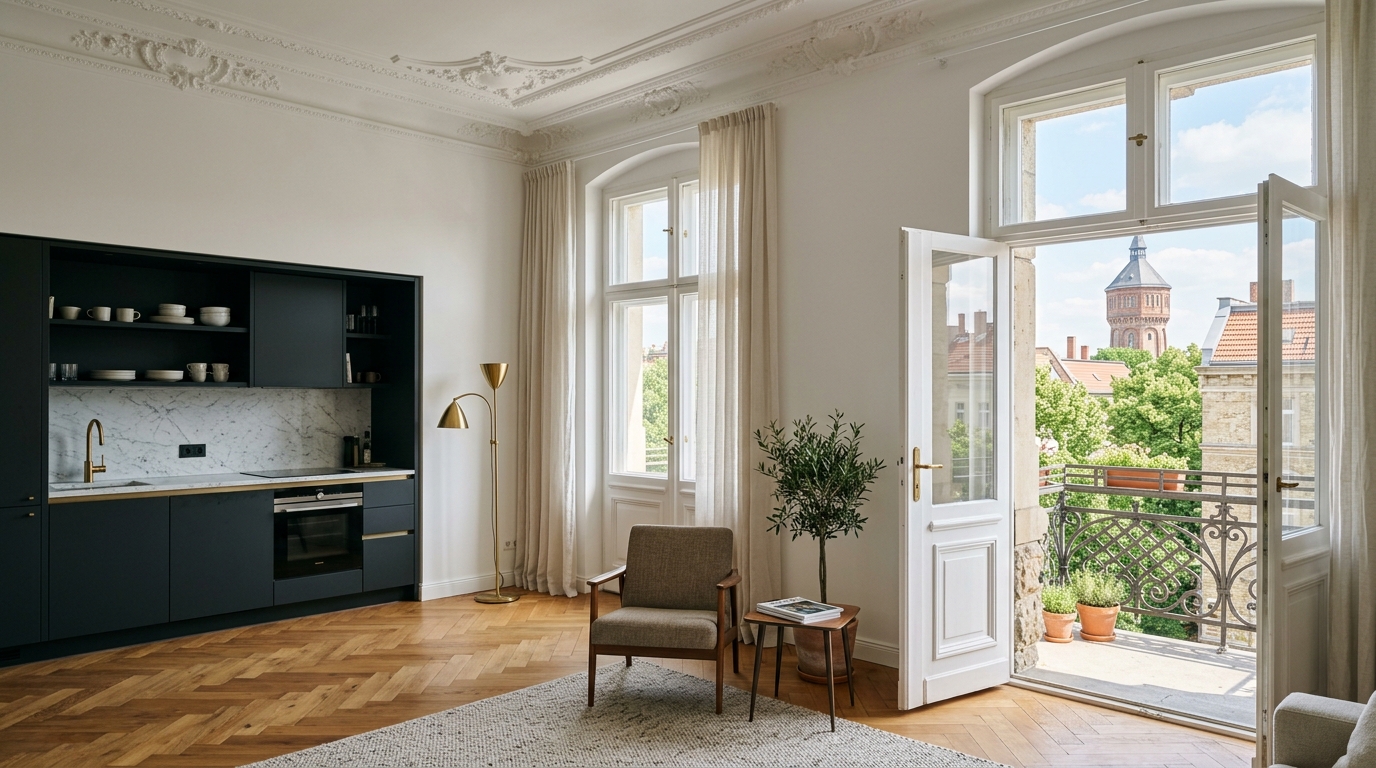 Heller Altbau in Prenzlauer Berg mit Stuckdecke, Fischgrätparkett und Doppelflügeltüren zum Balkon mit Blick auf grünen Hof und Wasserturm.