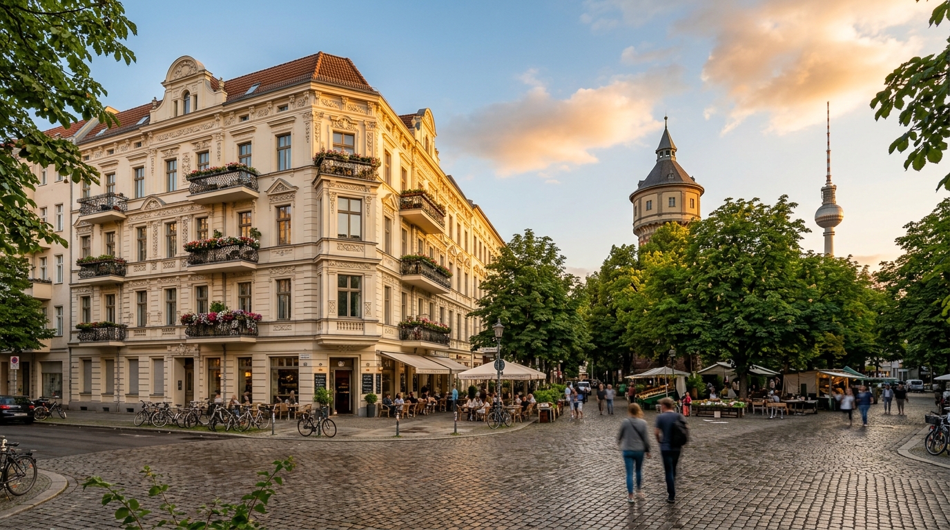 Weitwinkel am Kollwitzplatz in Prenzlauer Berg mit sanierten Altbau-Fassaden, Wasserturm und Café-Terrassen im warmen Abendlicht.