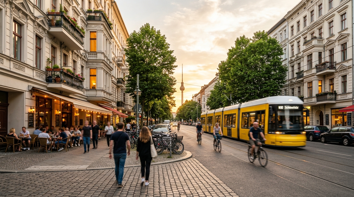 Weitwinkelaufnahme der Kastanienallee in Prenzlauer Berg mit gelber Straßenbahn, sanierten Altbauten und Caféterrassen bei goldenem Licht.