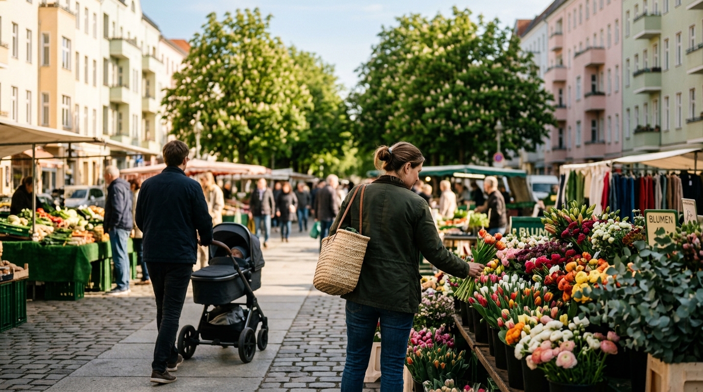 Stimmungsvolles Lifestyle-Foto vom Kollwitzplatz in Prenzlauer Berg mit Marktständen, Person von hinten mit Blumen und Altbauten im Hintergrund.