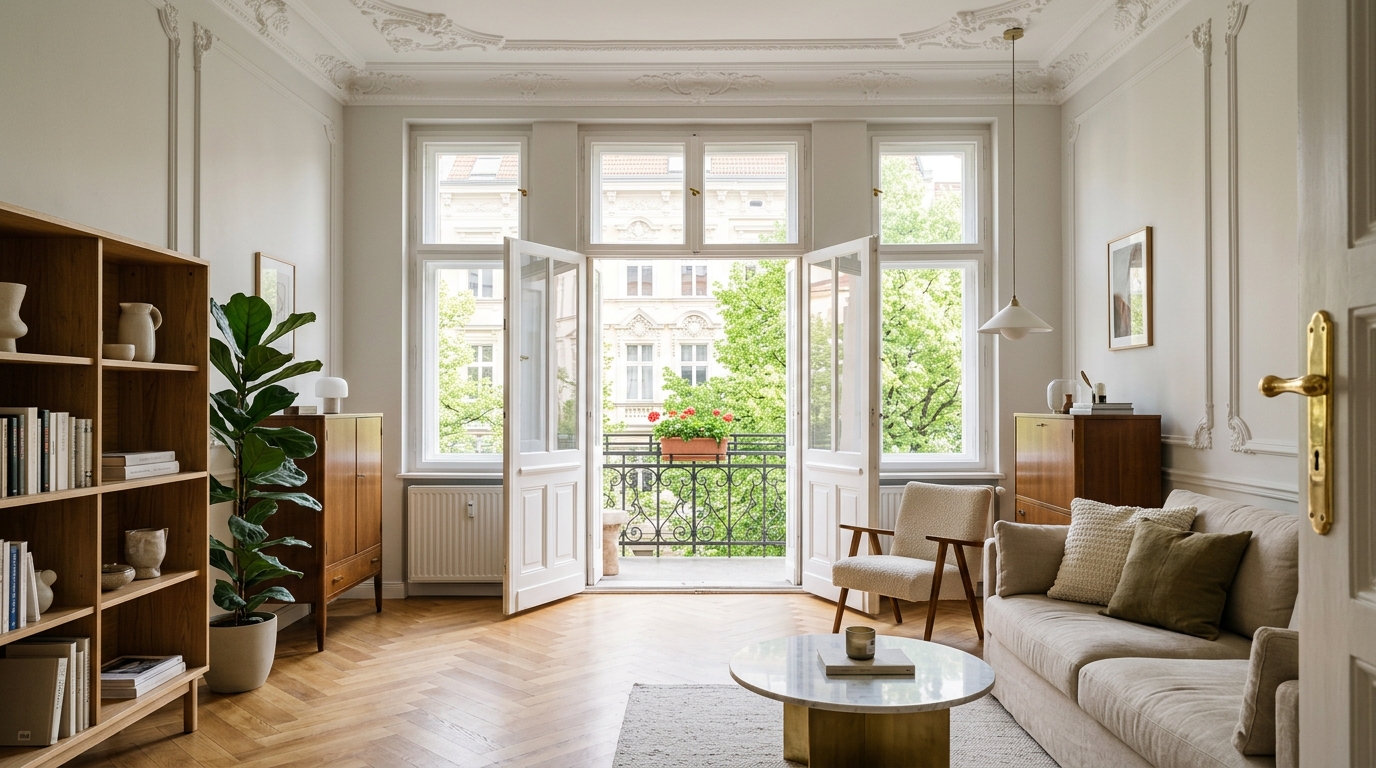 Helles Altbau-Wohnzimmer in Schöneberg mit Stuck, Fischgrätparkett und Flügeltüren zum Balkon – hochwertige Mietwohnung in Berlin Schöneberg.