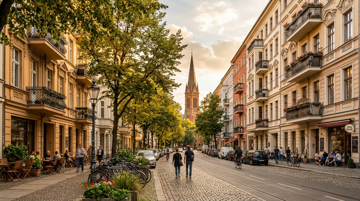 Akazienkiez in Berlin-Schöneberg bei goldenem Licht, sanierte Altbauten – Einstieg zu Mietwohnungen in Schöneberg.