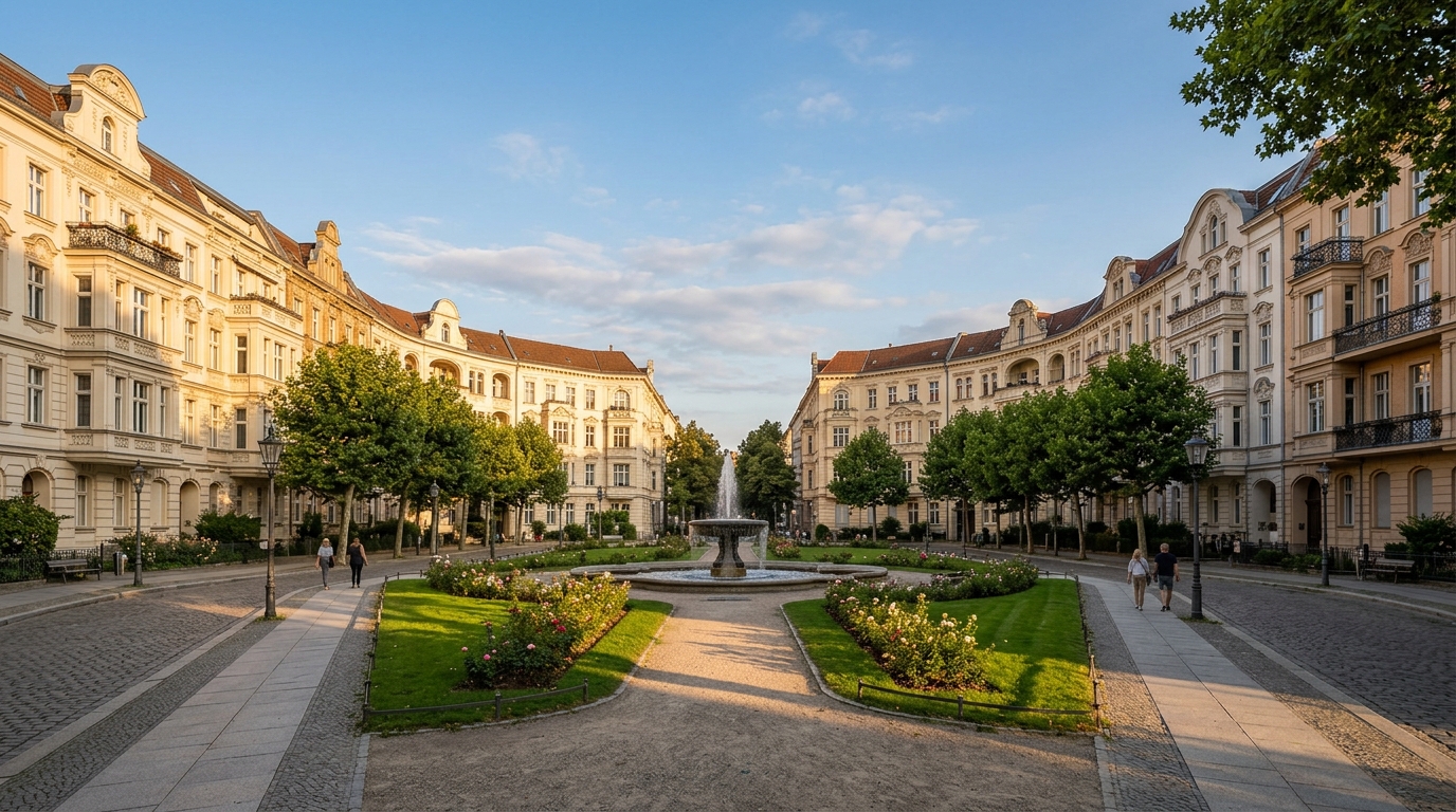 Viktoria-Luise-Platz in Berlin-Schöneberg mit Altbau-Fassaden bei Abendlicht – ruhiges, gehobenes Wohnumfeld für Wohnung mieten Schöneberg.