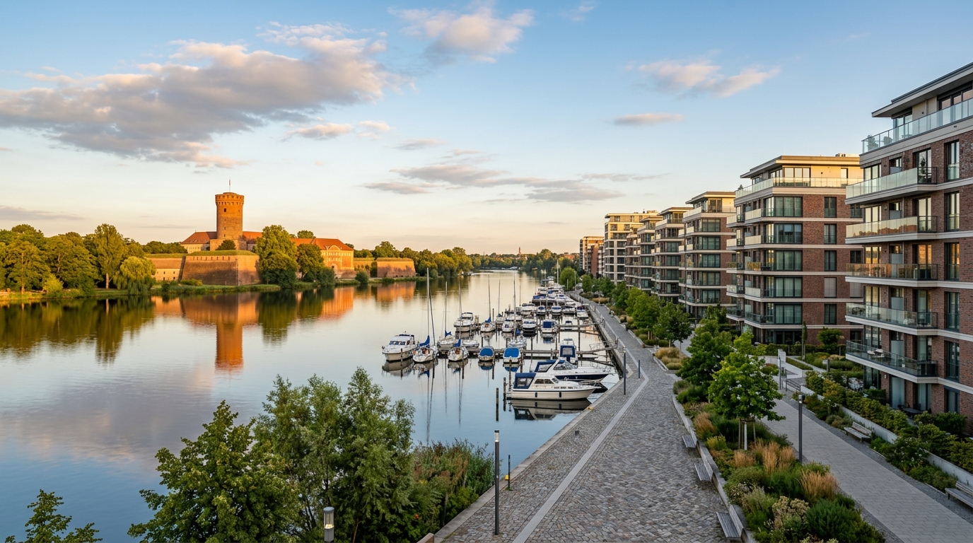 Panorama moderner Wohnanlagen am Havelufer in Berlin‑Spandau mit Zitadelle im Hintergrund, Abendlicht.