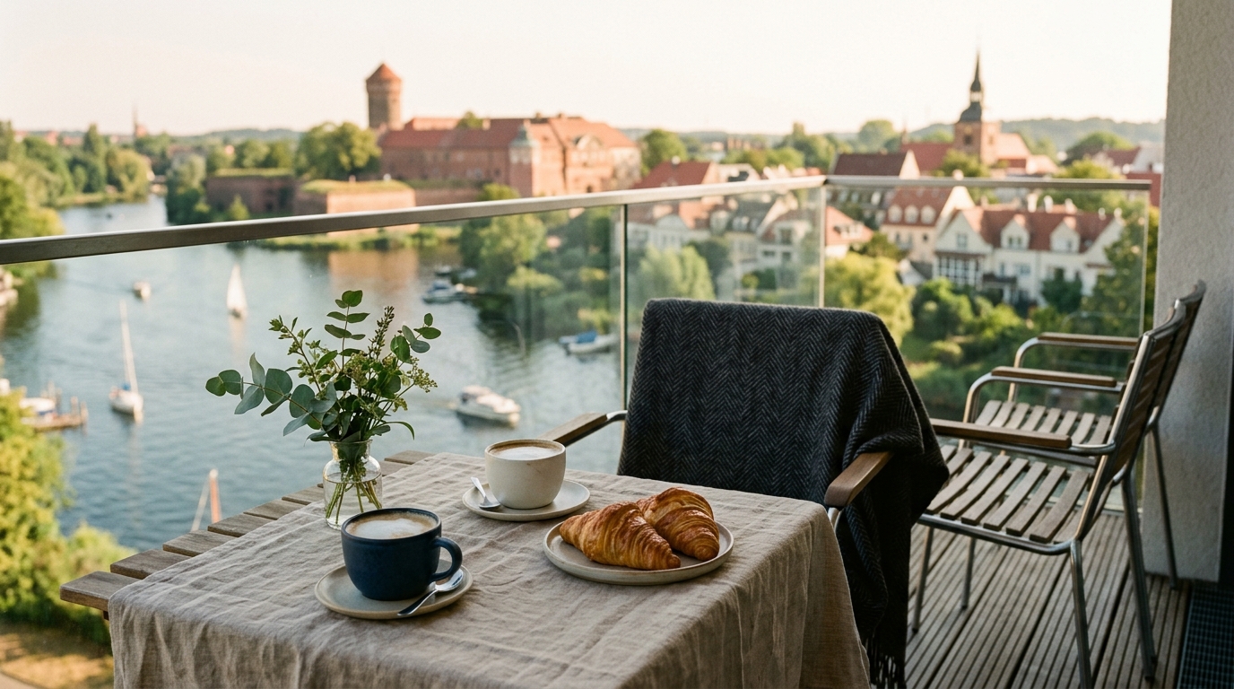 Balkonfrühstück in Spandau mit Blick auf Havel und Zitadelle – modernes Mietwohnen.