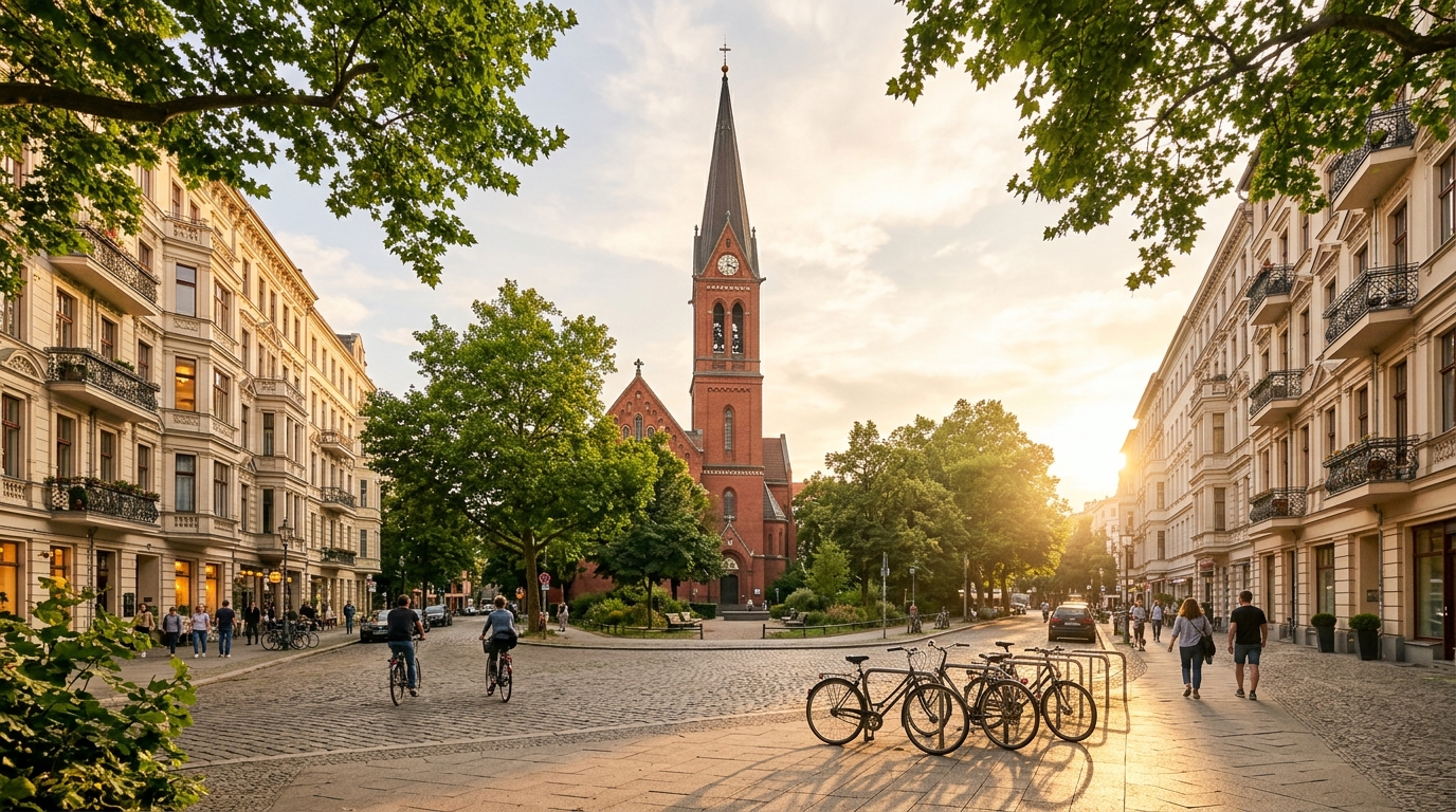 Weitwinkel-Aufnahme vom Ludwigkirchplatz in Berlin-Wilmersdorf mit St.-Ludwig-Kirche und Altbau-Fassaden – hochwertiges Setting für Wohnung mieten Wilmersdorf.
