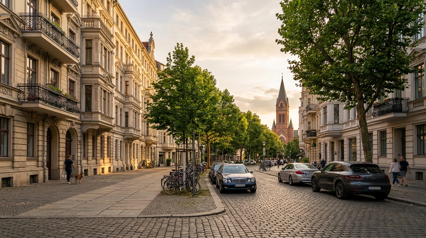 Wohnung mieten Wilmersdorf – elegante Altbaufassaden an baumbestandener Straße, Hohenzollernplatz im Hintergrund.