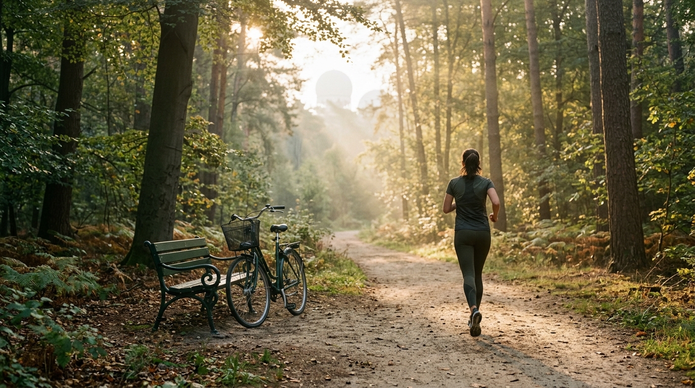 Lifestyle in Berlin-Wilmersdorf: Morgenlauf im Grunewald mit Sonnenstrahlen – grüne Lebensqualität für Mieter.