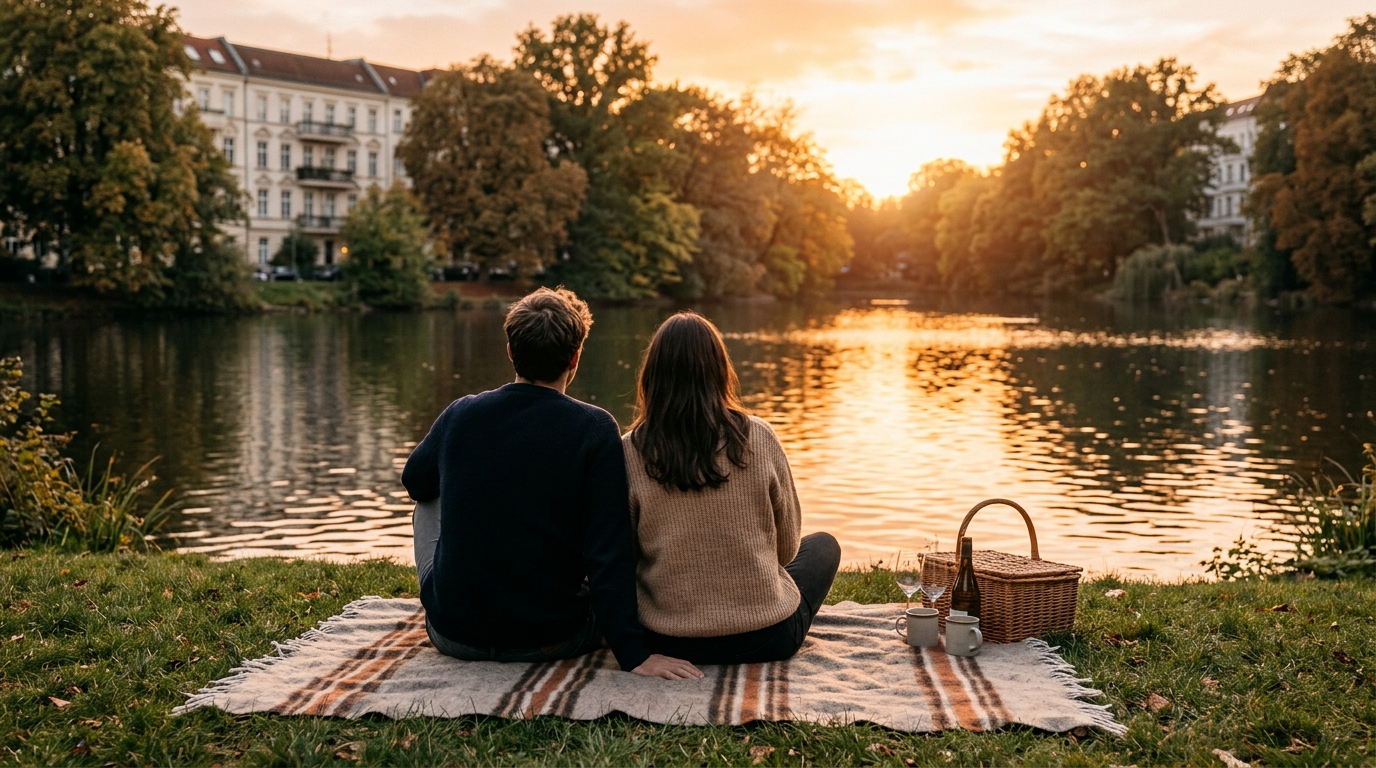 Abendstimmung im Volkspark Wilmersdorf am Fennsee; Paar von hinten auf Picknickdecke, grünes Wohnumfeld.