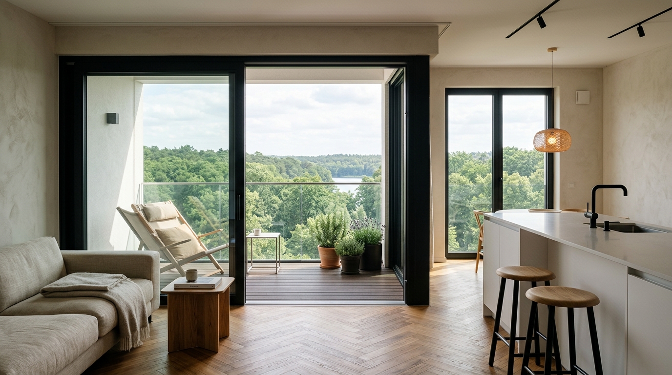 Detailaufnahme eines modernen Wohnzimmers mit Balkon in Berlin-Zehlendorf, Blick ins Grüne am Schlachtensee.
