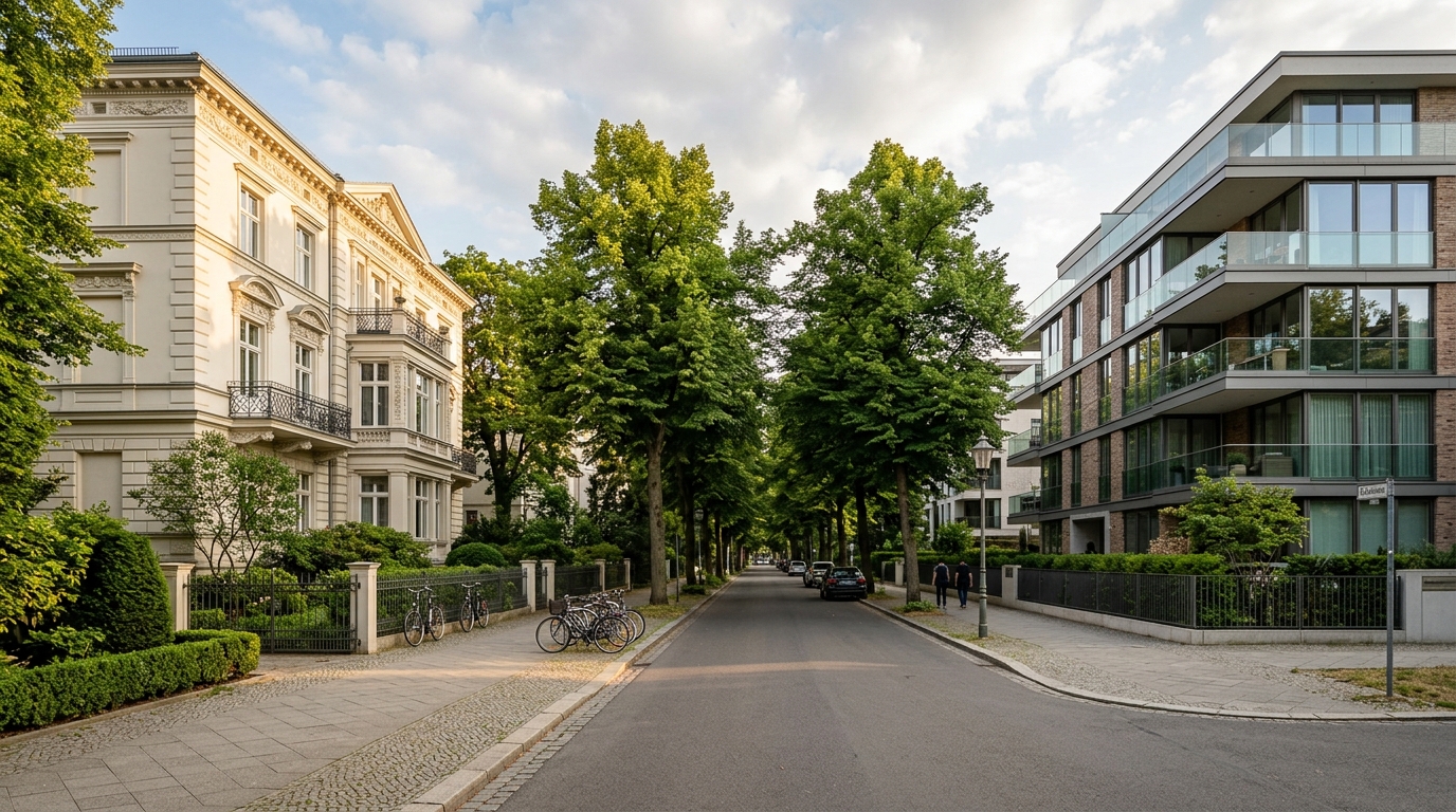 Weitwinkel-Aufnahme einer grünen Wohnstraße in Berlin-Zehlendorf mit moderner Mietwohnung und Altbau, Premium-Atmosphäre.