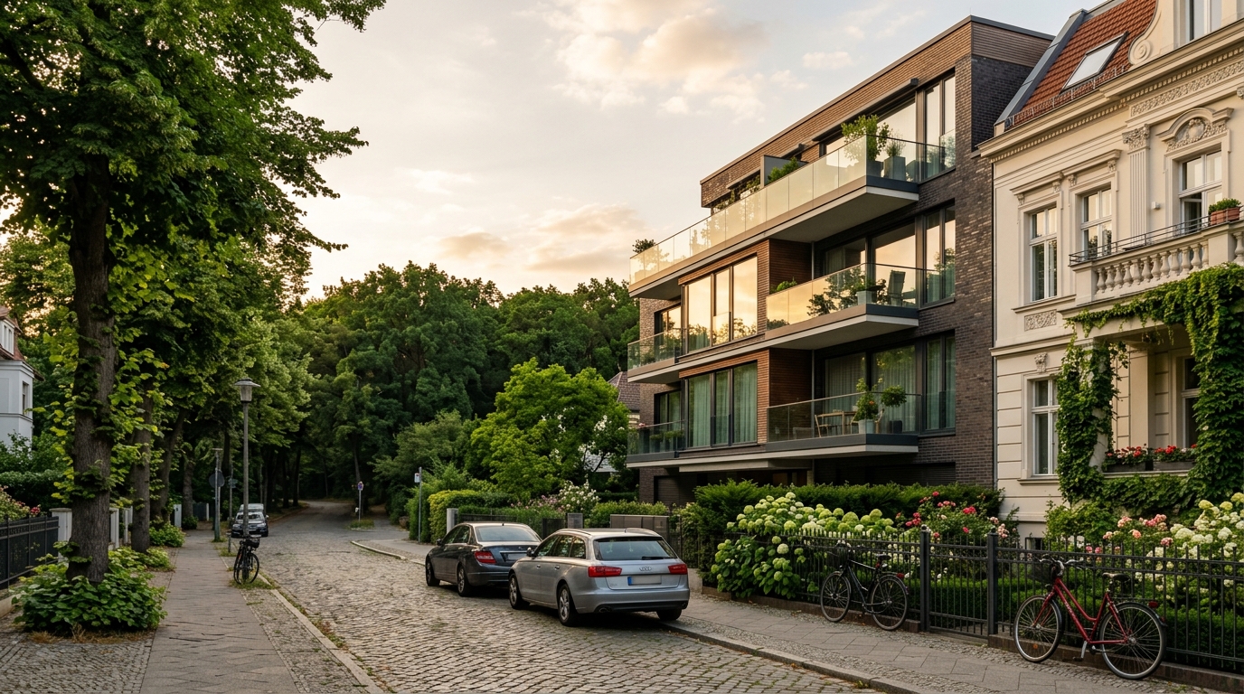 Weitwinkel-Aufnahme einer grünen Wohnstraße in Berlin-Zehlendorf mit moderner Mietwohnung neben Altbau bei Abendlicht.