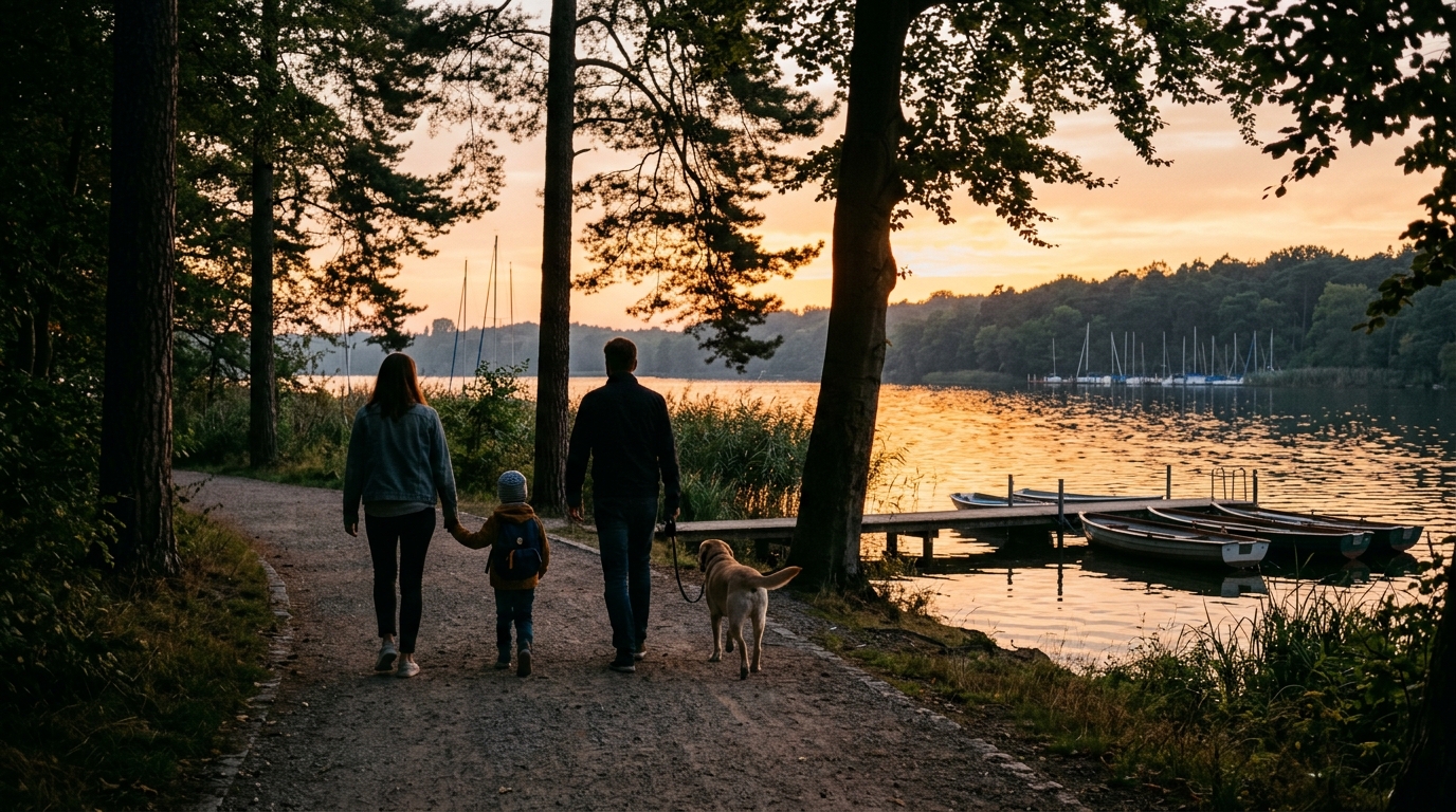 Familie als Silhouetten am Schlachtensee in Zehlendorf bei Sonnenuntergang – ruhige Naherholung.