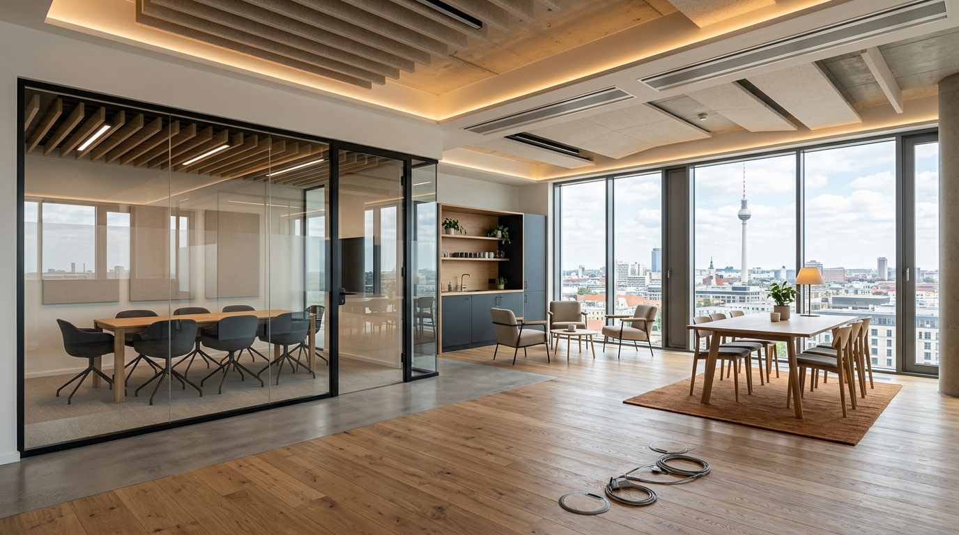 Büro-Gewerbefläche zur Miete in Berlin: heller Raum mit Glasmeetingraum, Eichenboden und Technikdetails, Skyline mit Fernsehturm.