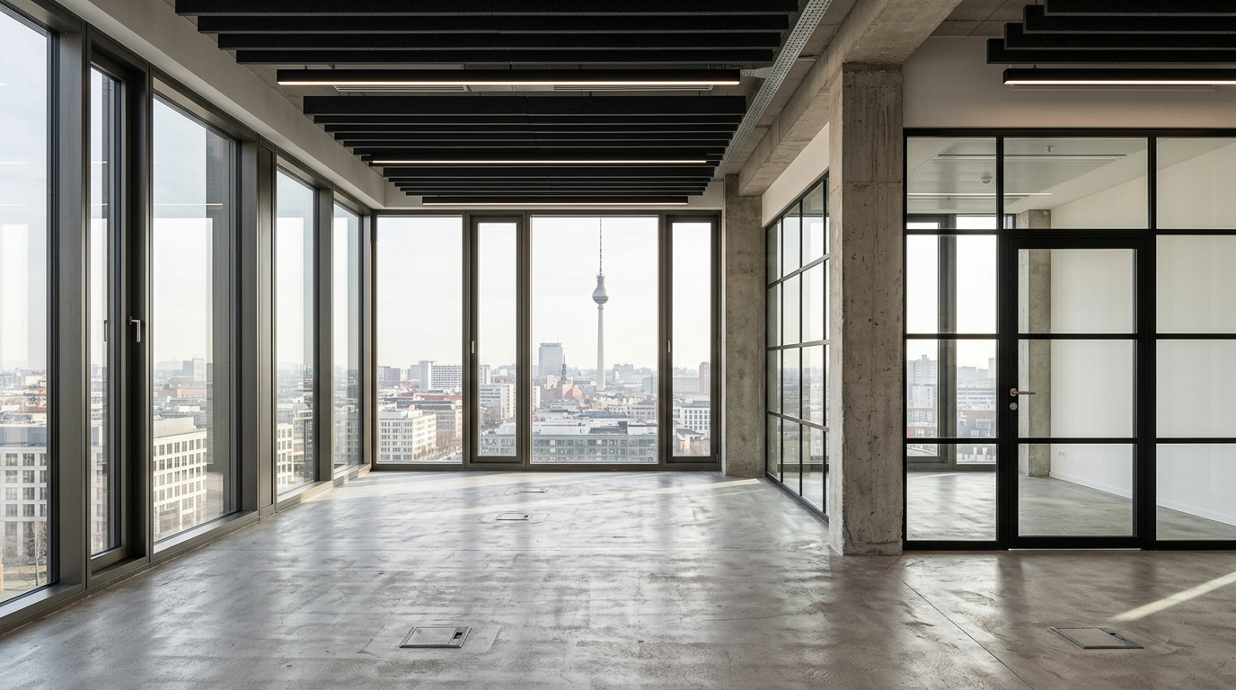 Helle, moderne Bürofläche zur Miete in Berlin mit bodentiefen Fenstern und Blick auf den Fernsehturm.