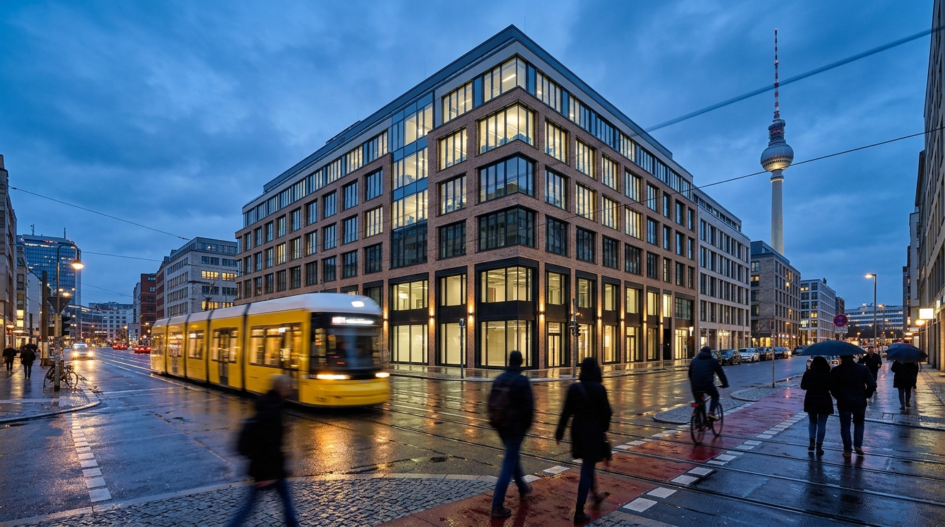 Gewerbe mieten in Berlin: moderne Gewerbeimmobilie in Mitte bei blauer Stunde mit gelber Tram und Fernsehturm im Hintergrund.