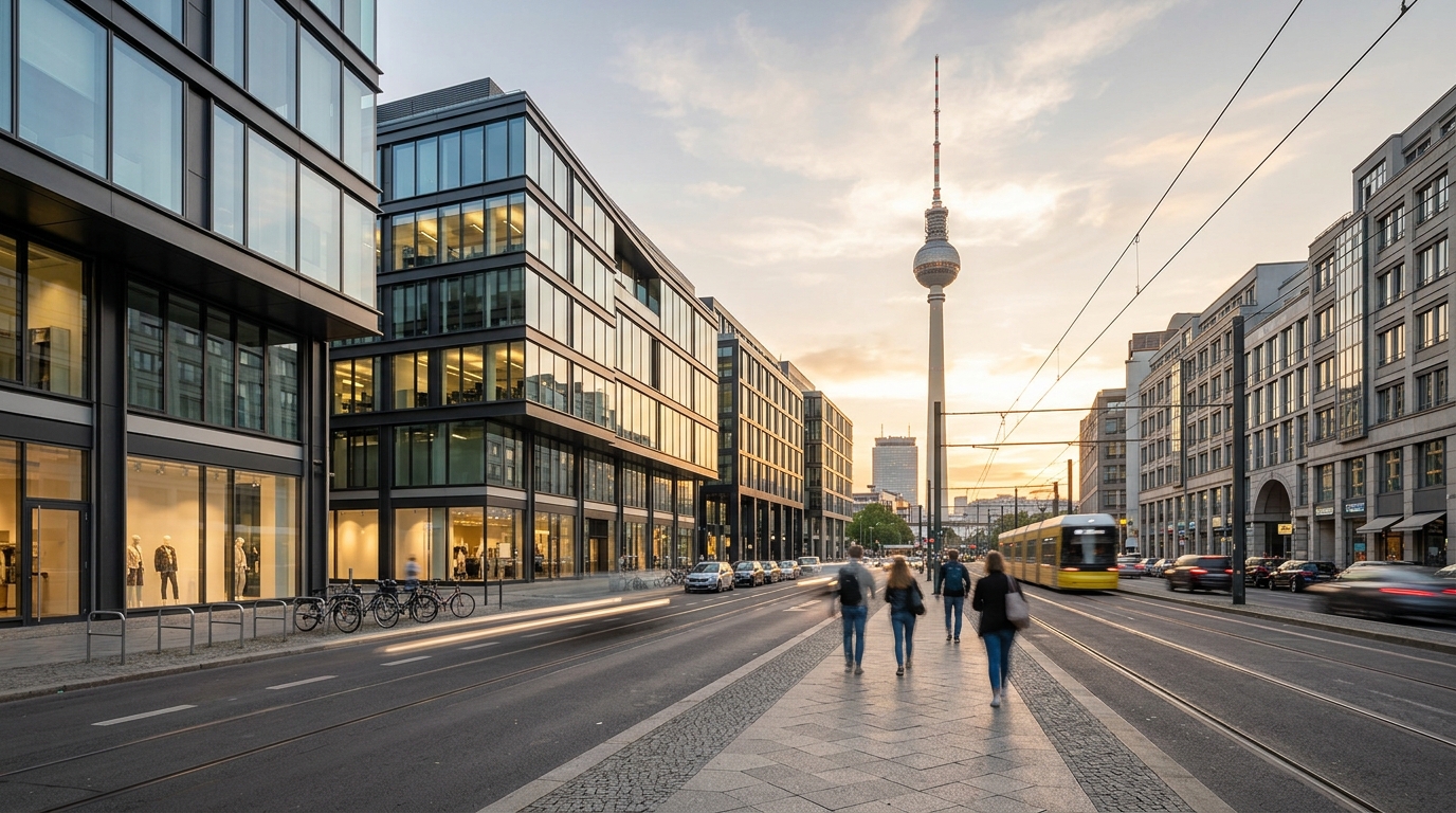 Weitwinkel-Aufnahme moderner Gewerbeflächen in Berlin-Mitte mit Blick auf den Fernsehturm – Gewerbe mieten Berlin.