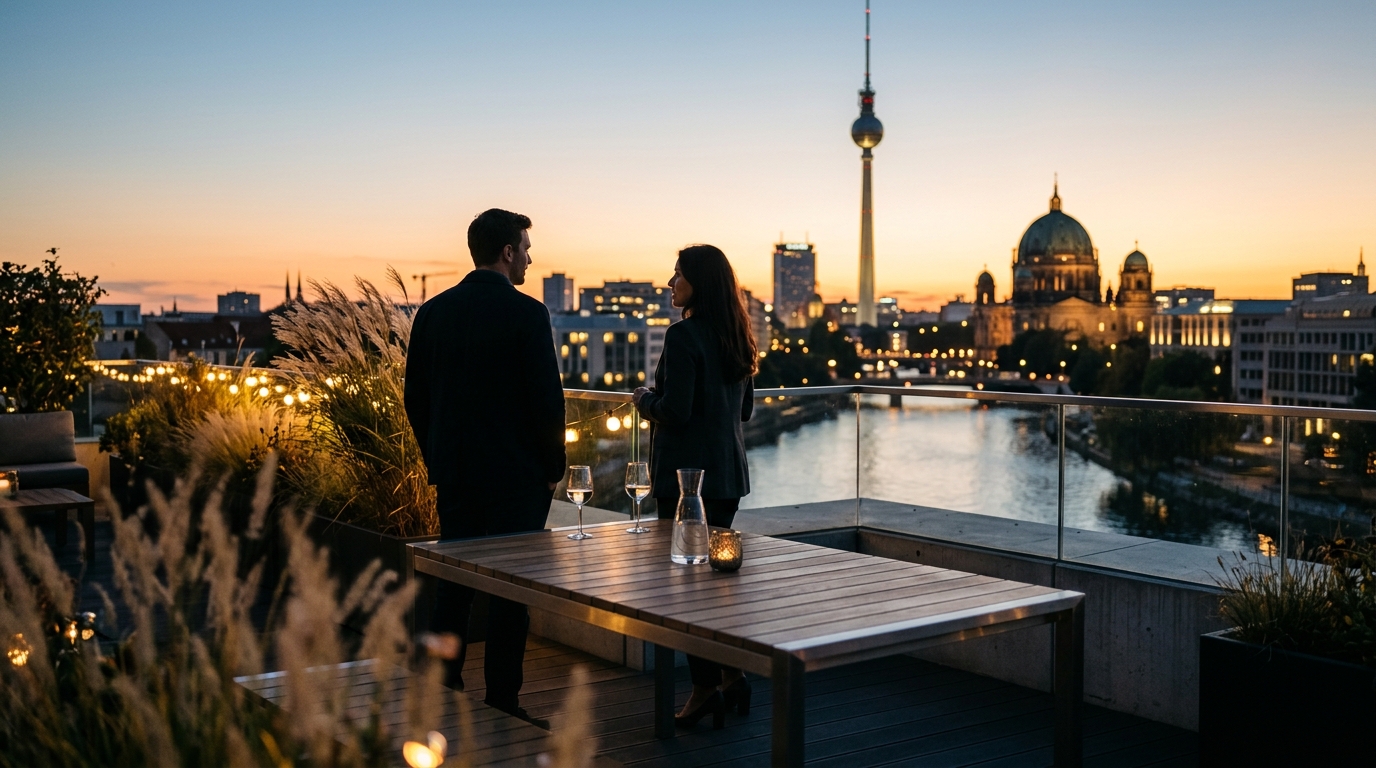 Lifestyle: After-Work auf Büro-Dachterrasse in Berlin mit Blick auf Spree und Fernsehturm; Personen nur als Silhouetten.