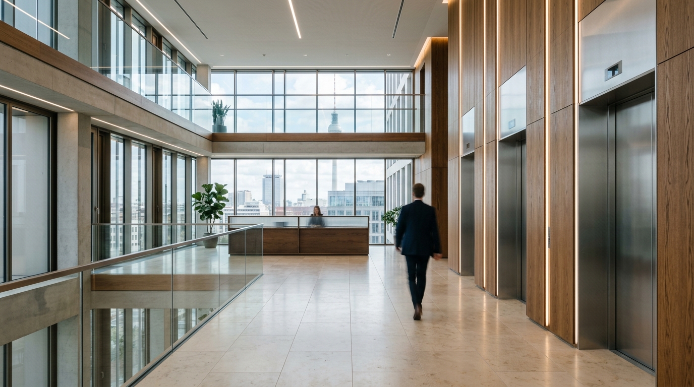 Hochwertige Lobby eines Berliner Bürogebäudes mit Naturstein, Holz und Aufzügen, ohne sichtbare Beschriftungen.