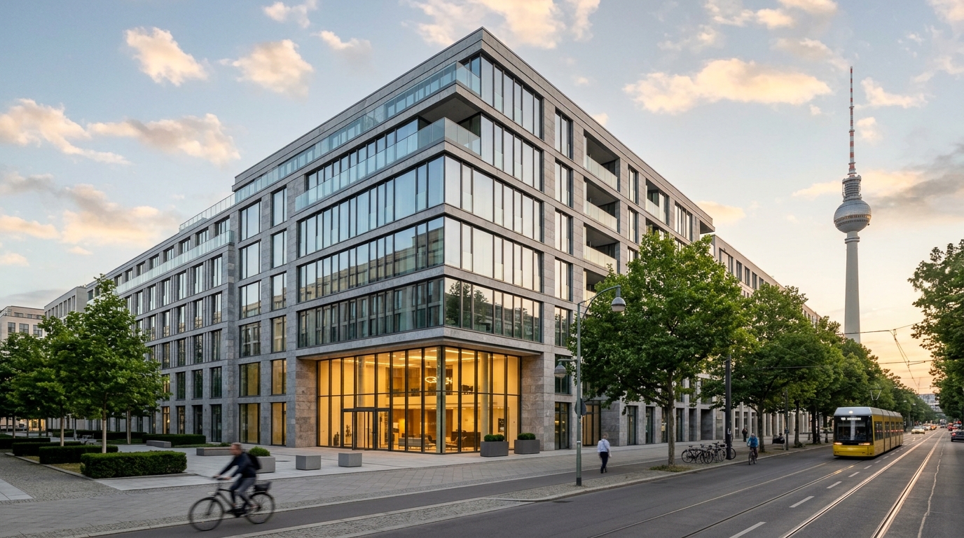 Freistehendes, modernes Gewerbegebäude in Berlin bei goldenem Licht, mit Fernsehturm im Hintergrund; weite Außenansicht zur Komplettanmietung.