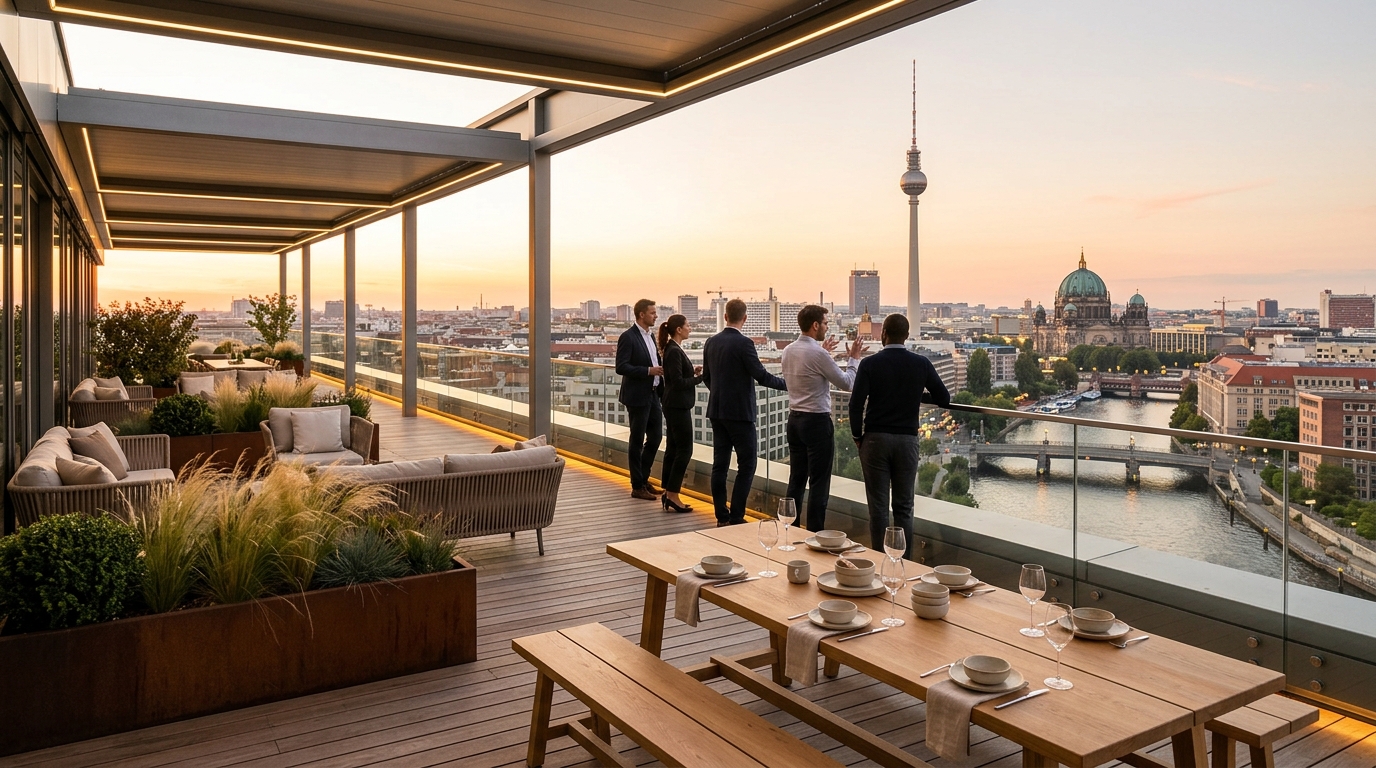 Dachterrasse eines Gewerbehauses bei Sonnenuntergang mit Silhouetten und Berliner Skyline samt Fernsehturm.