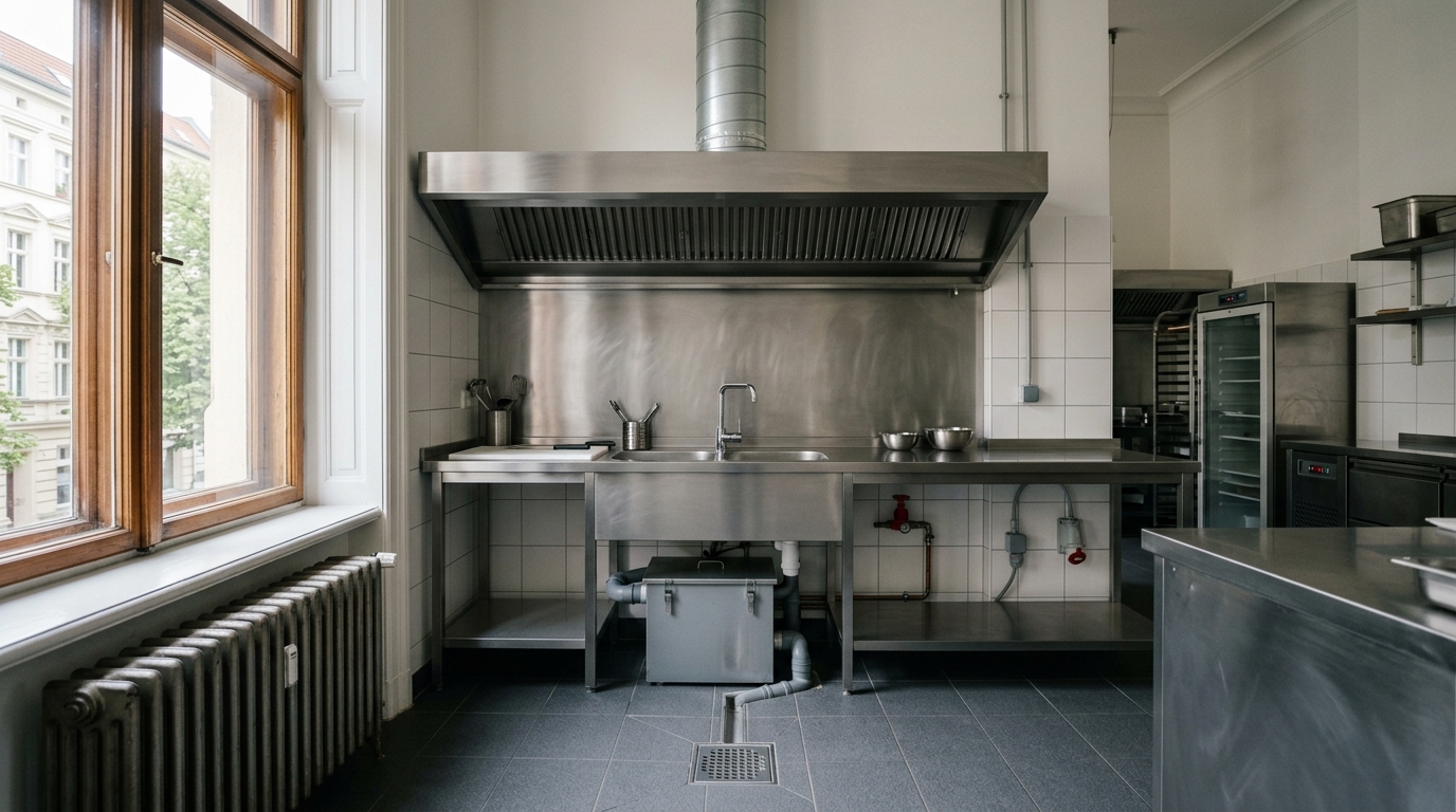 Gewerbeküche eines Berliner Cafés mit Abluftanlage und Fettabscheider, technische Voraussetzungen
