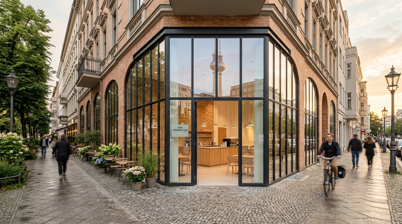 Café mieten Berlin: hochwertige Eckeinheit mit Außenterrasse im Altbau, große Glasfassade, Fernsehturm in der Reflexion sichtbar.